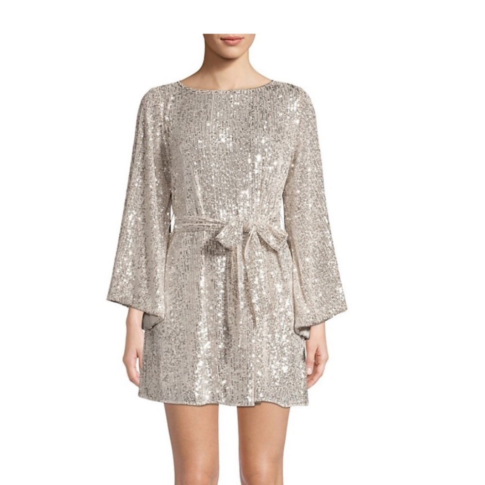Jay Godfrey
Maggie Sequin Mesh Bateau-Neck Flare-Sleeve Belted Mini Dress